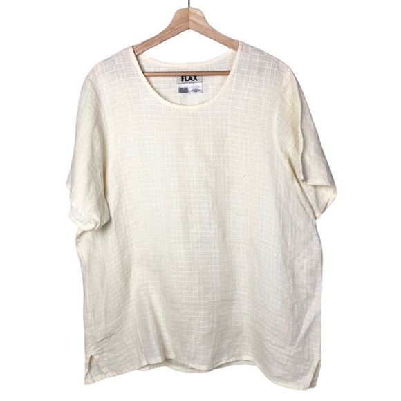 Flax Pale Yellow Square Plaid Short Sleeve Linen Blouse M - Picture 1 of 5